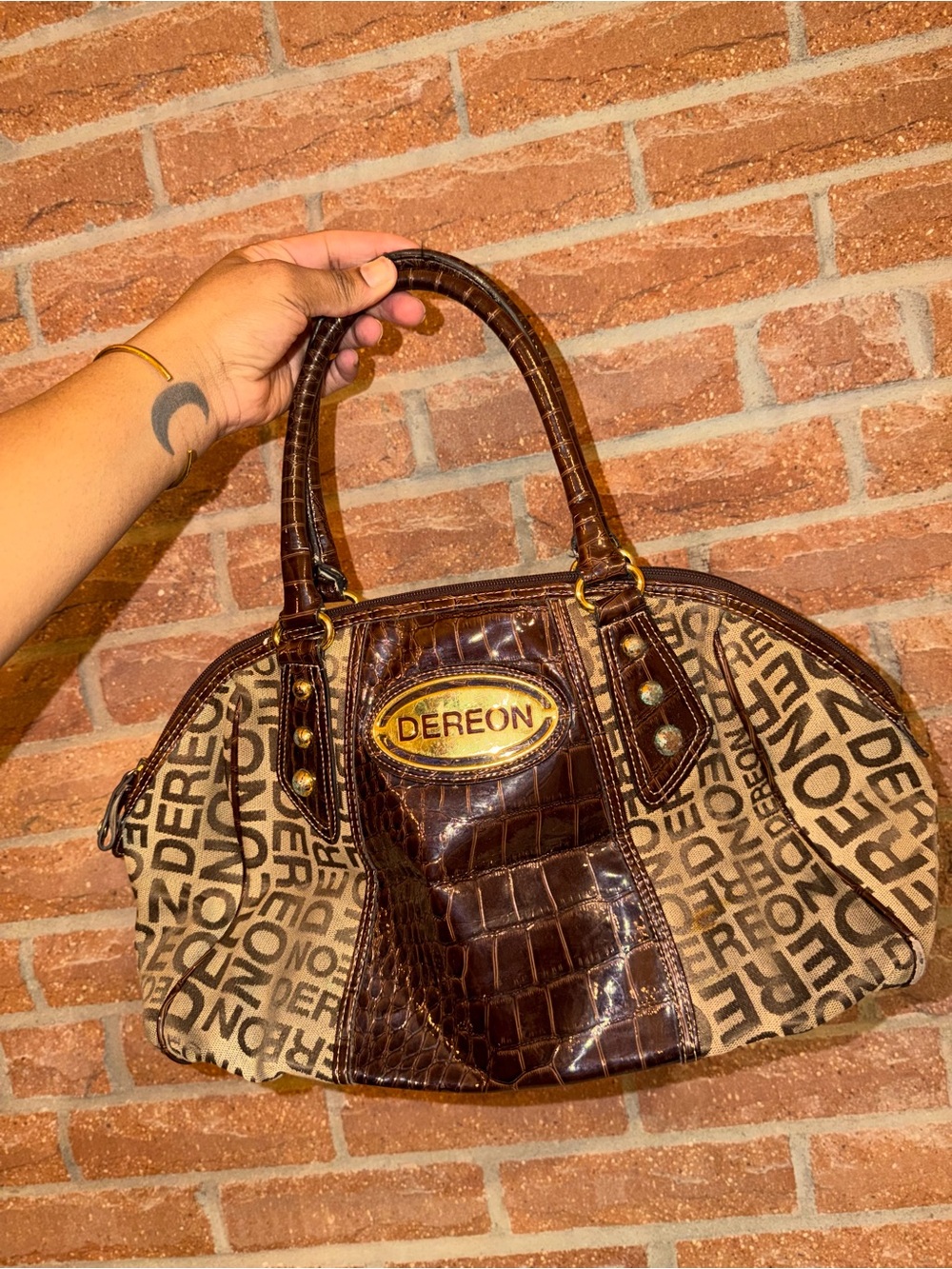 Dereon Brown Logo Dome Satchel with Croc-Texture Trim